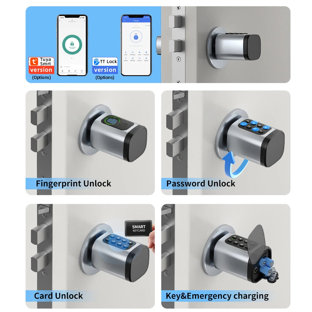 V1 Adjustable TT Lock/ Tuya Bluetooth Smart Fingerprint Digital Cylinder Lock with App/Password/Rfid Card/Key Unlock