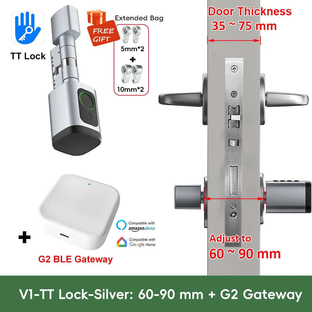 V1 Adjustable TT Lock/ Tuya Bluetooth Smart Fingerprint Digital Cylinder Lock with App/Password/Rfid Card/Key Unlock