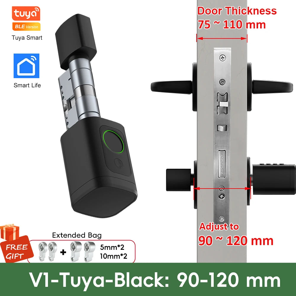 V1 Adjustable TT Lock/ Tuya Bluetooth Smart Fingerprint Digital Cylinder Lock with App/Password/Rfid Card/Key Unlock