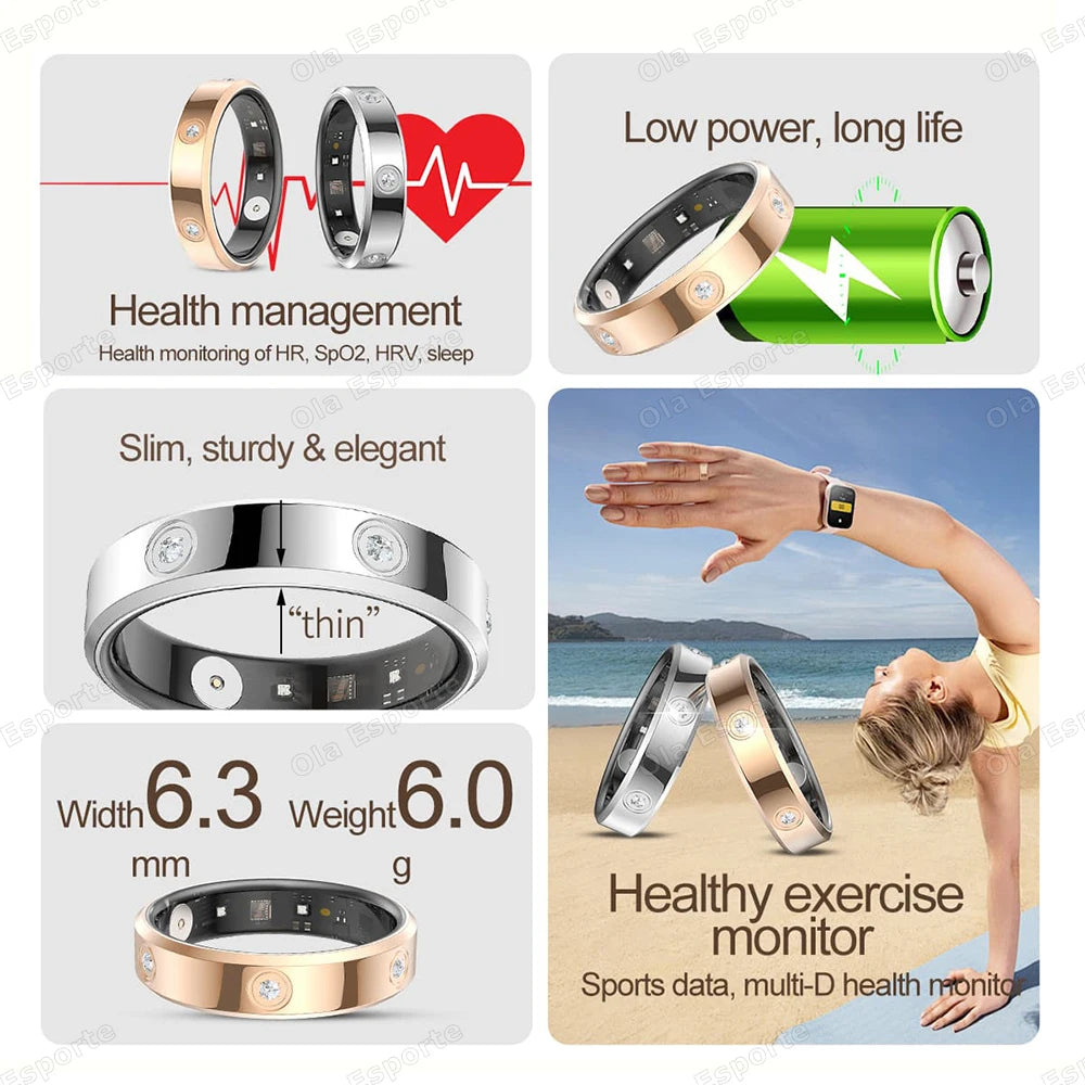 Fashion Smart Ring Men Women, Heart Rate Blood Oxygen, Sleep Monitor, 5ATM Waterproof,Multi-Sport Mode Smartring for Android Ios