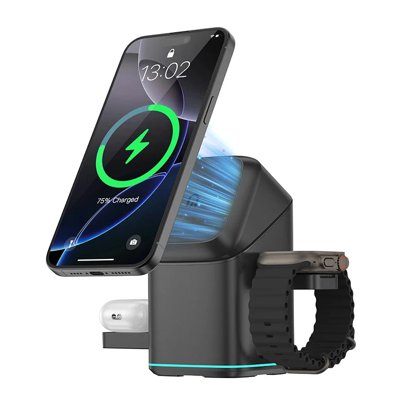 2025 Newest Universal Magnetic Charging Stand 30W Cube Rotational 3 in 1 Touch Auto Rotation Wireless Charger with Light