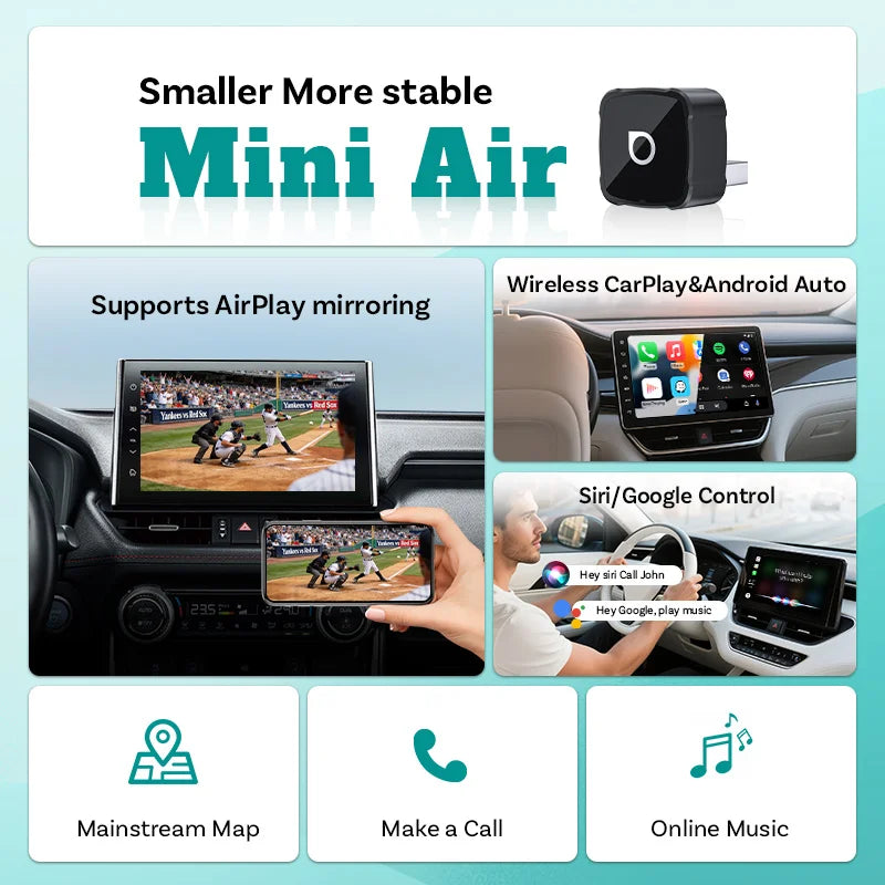 OTTOCAST Mini Air 3 In1 Wireless CarPlay Android Auto Adapter AirPlay Screen Mirroring Plug and Play Dongle for Audi VW Kia