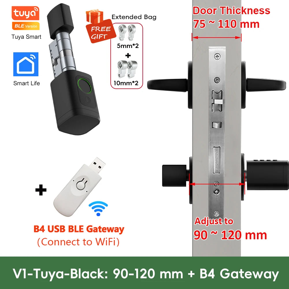 V1 Adjustable TT Lock/ Tuya Bluetooth Smart Fingerprint Digital Cylinder Lock with App/Password/Rfid Card/Key Unlock