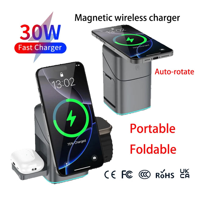 2025 Newest Universal Magnetic Charging Stand 30W Cube Rotational 3 in 1 Touch Auto Rotation Wireless Charger with Light Hover Image