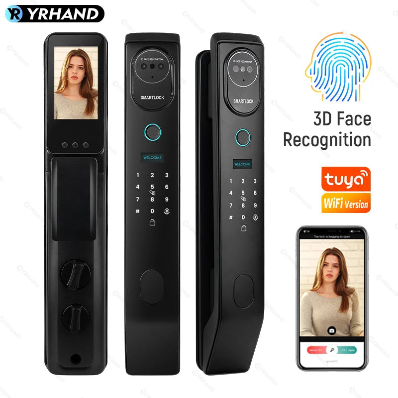 V8 Tuya Wifi 3D Face Smart Door Lock Security Camera Intelligent Fingerprint Password Biometric Electronic Key Unlock
