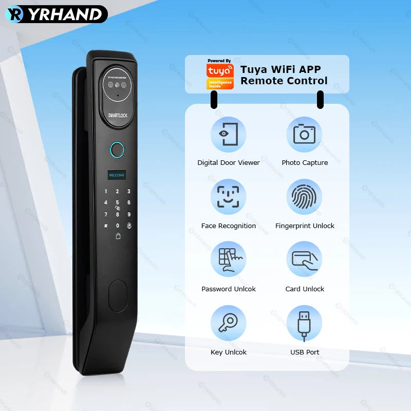 V8 Tuya Wifi 3D Face Smart Door Lock Security Camera Intelligent Fingerprint Password Biometric Electronic Key Unlock