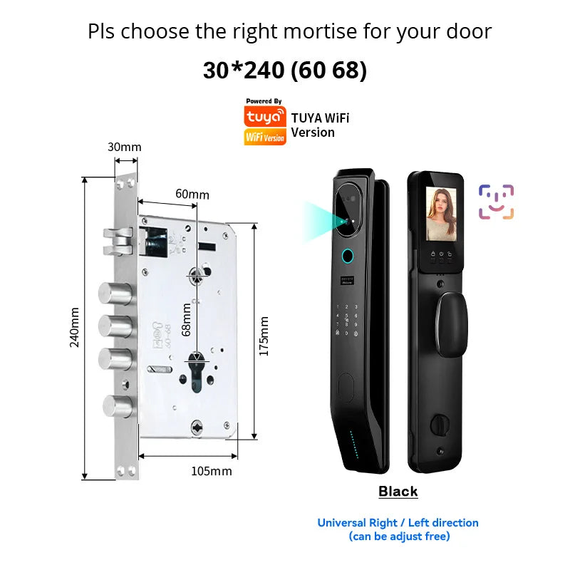 V8 Tuya Wifi 3D Face Smart Door Lock Security Camera Intelligent Fingerprint Password Biometric Electronic Key Unlock