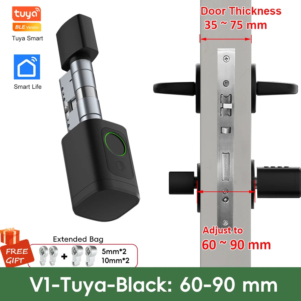 V1 Adjustable TT Lock/ Tuya Bluetooth Smart Fingerprint Digital Cylinder Lock with App/Password/Rfid Card/Key Unlock