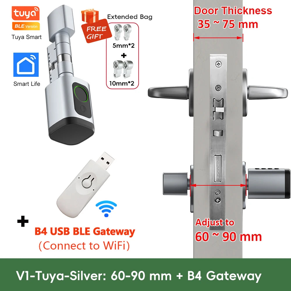 V1 Adjustable TT Lock/ Tuya Bluetooth Smart Fingerprint Digital Cylinder Lock with App/Password/Rfid Card/Key Unlock