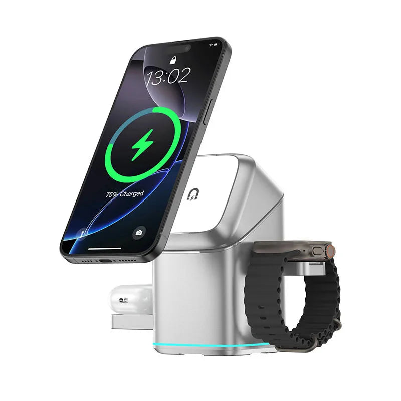 2025 Newest Universal Magnetic Charging Stand 30W Cube Rotational 3 in 1 Touch Auto Rotation Wireless Charger with Light