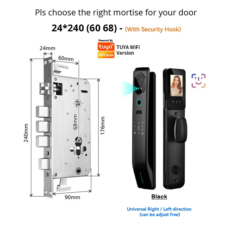 V8 Tuya Wifi 3D Face Smart Door Lock Security Camera Intelligent Fingerprint Password Biometric Electronic Key Unlock