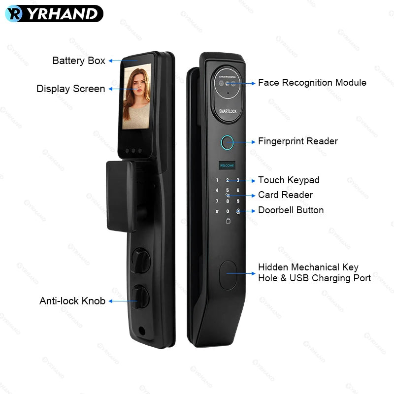 V8 Tuya Wifi 3D Face Smart Door Lock Security Camera Intelligent Fingerprint Password Biometric Electronic Key Unlock