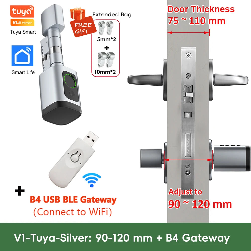 V1 Adjustable TT Lock/ Tuya Bluetooth Smart Fingerprint Digital Cylinder Lock with App/Password/Rfid Card/Key Unlock