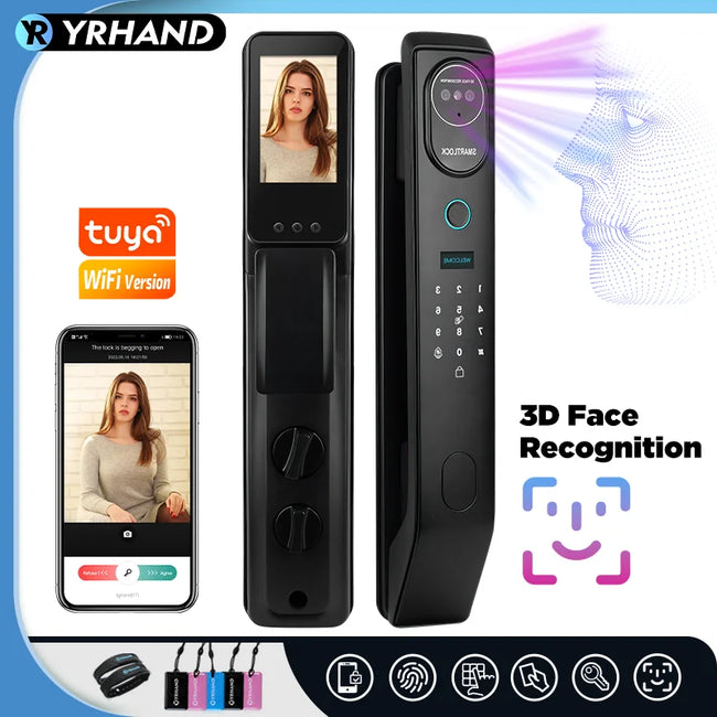 V8 Tuya Wifi 3D Face Smart Door Lock Security Camera Intelligent Fingerprint Password Biometric Electronic Key Unlock Hover Image