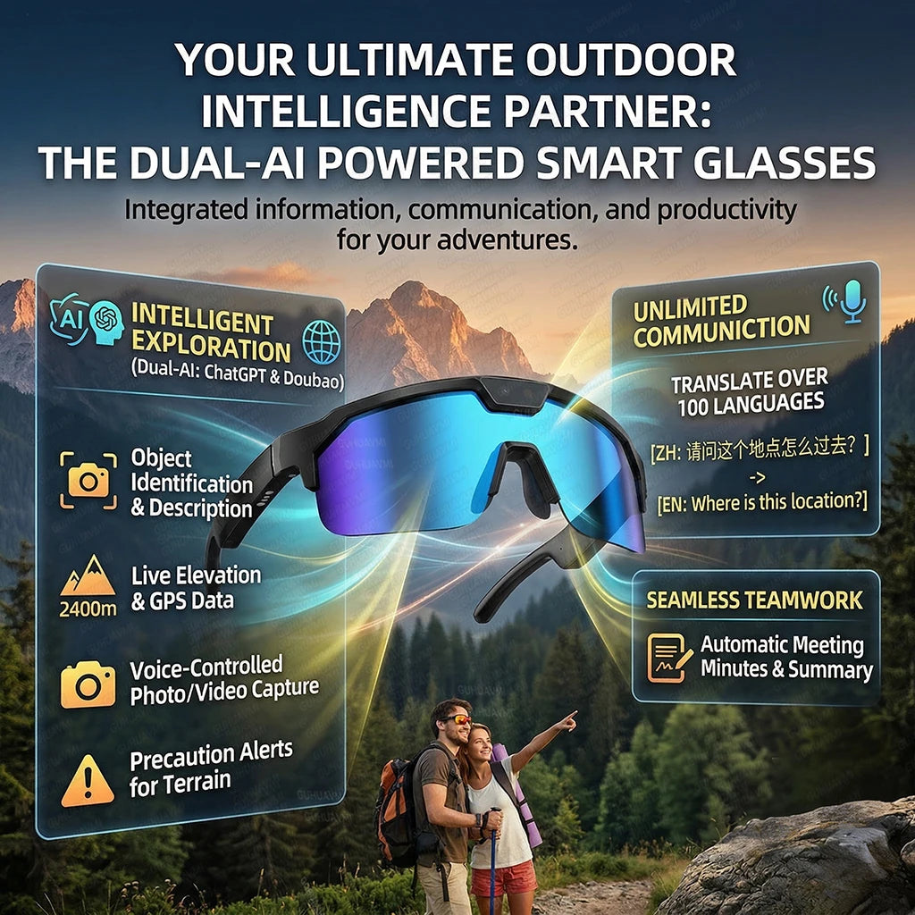2026New AI Smart Glasses 1200P Camera 4K Anti-Shake Cycling Windproof Goggles AI Voice Translator Call Open Ear Audio Sunglasses