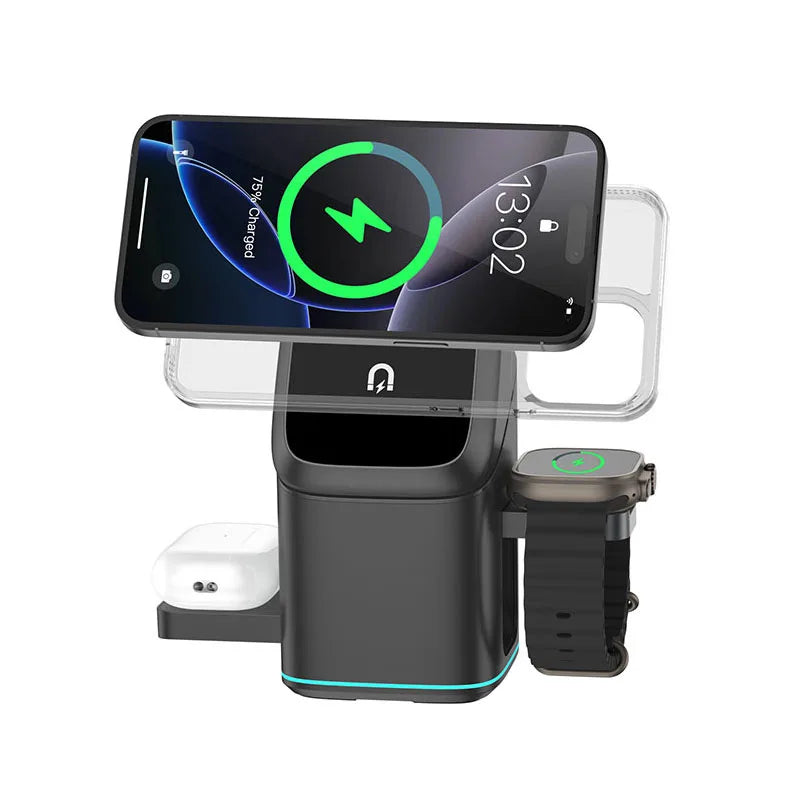 2025 Newest Universal Magnetic Charging Stand 30W Cube Rotational 3 in 1 Touch Auto Rotation Wireless Charger with Light