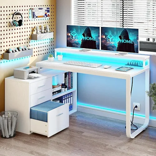 L shape computer desk with 3 drawers with power socket LED light