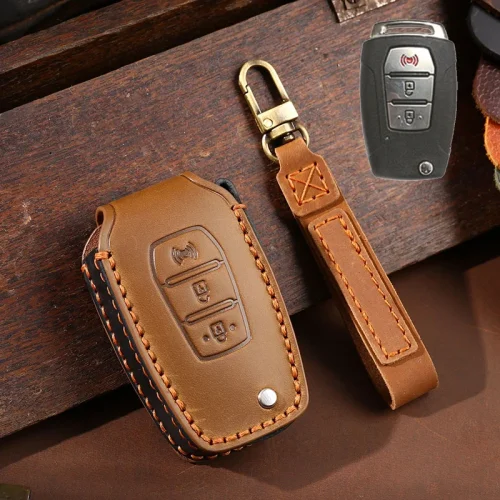 Genuine Leather 3 Button Car Key Case Cover Fob Shell