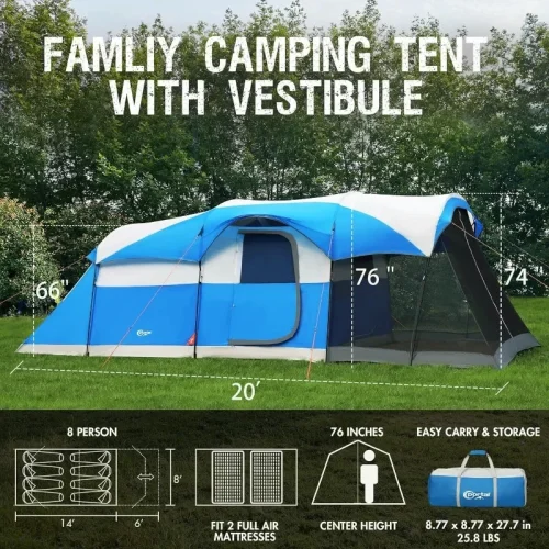 8 Person Family Camping Tent with Screen Porch Portable